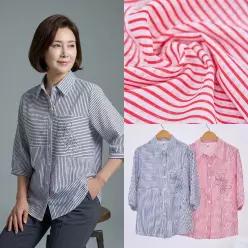 엄마옷 마미소 두송이꽃 줄 남방 여름 스트라이프 자수 7부 큐빅 할머니 빅사이즈 40 70 마담 중년 여성