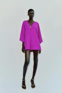 ZARA 와이드 슬리브 트리밍 미니 점프수트 - 다크 자수색 3897/126/940