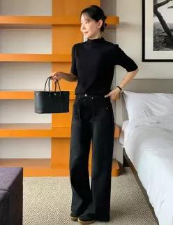 74517 블랙 스판 절개 와이드핏 데님 (one color) 히든밴딩