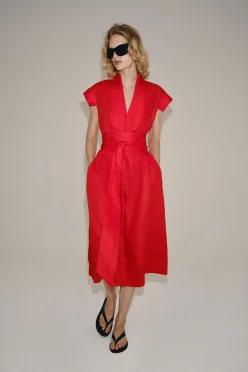 ZARA ZW 컬렉션 린넨 미디 원피스 - 레드 2072/304/600