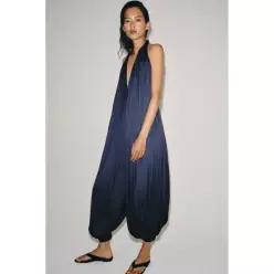 ZARA ZW COLLECTION SATIN HALTER JUMPSUIT - Navy blue 2223/098/401