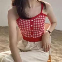 [라일리여성의류] Rly 크롭 나시 체크 브이넥 슬리브리스 가벼운 상의