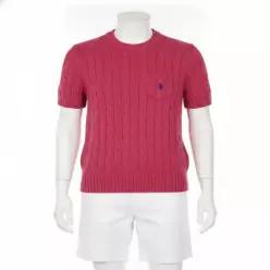 POLO RALPH LAUREN 케이블 니트 코튼 숏 슬리브 스웨터-다크 레드