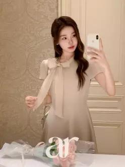 (국내제작)(미니롱/로맨틱) 2기장 리본 스트랩 배색 플레어 원피스 (여름/하객룩/리본원피스) op16392