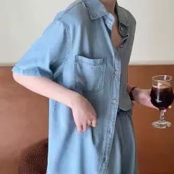 [하프클럽/]여성 데님 셔츠 반바지 투피스 세트 반팔 카라 상의 밴딩 쇼츠