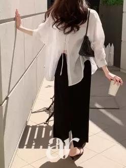 (여름셔츠/구김제로) 링클 시스루 백 리본 포인트 텐셀 오버핏 셔츠 bs8749