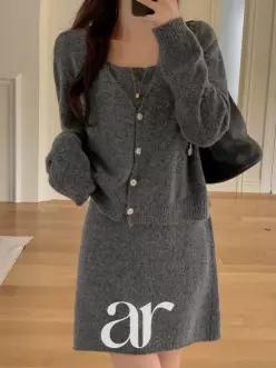 (울6/한벌로완성/소개팅성공템) 리오프 울 니트 나시 원피스 가디건 투피스 세트 st2954