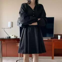 [하프클럽/]여성 허리 밴딩 캐주얼 플레어 긴팔 미니 원피스