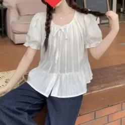 [하프클럽/]여성 프릴 밴딩 퍼프 소매 블라우스 페미닌 데일리 상의