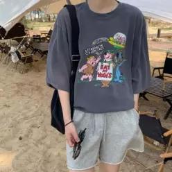 [하프클럽/]동물친구들 프린팅 빈티지 반팔티 차콜 M