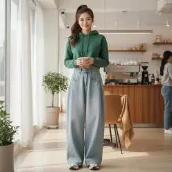 [하프클럽/]데일리 여자 사이드절개 세미벌룬 와이드 데님 팬츠 포인트