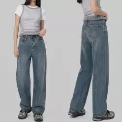 [하프클럽/]데일리 여자 앞절개 벌룬 세미와이드 하이웨스트 데님 미니멀