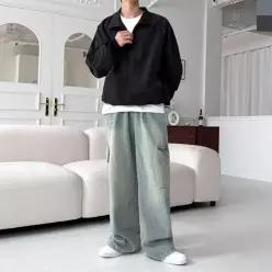 [하프클럽/]데일리 여자 데일리 캐주얼 워싱 밴딩 와이드 데님 팬츠 미니멀