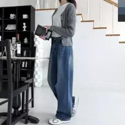 [하프클럽/]데일리 여자 사계절 루즈핏 뒷밴딩 와이드 데님 포인트