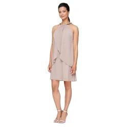 S.L. Fashions 여성용 짧은 비즈 홀터넥 칵테일 가운, 결혼식 손님, 파티 드레스, (쁘띠 및 레귤러 사이즈)