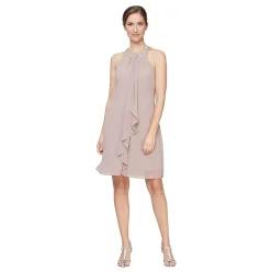 S.L. Fashions 여성용 보석 홀터 넥 라인 칵테일, 결혼식 손님, 완벽한 파티 드레스 (쁘띠 및 레귤러 사이