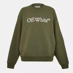 Off White 오프 화이트 레터링 크루 넥 리브드 칼라 긴소매 스웨트셔츠 - 이끼색/흰색 7750656