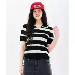 여성 스트라이프 오픈카라 반팔 썸머 니트-FBRG5672D03 6393487