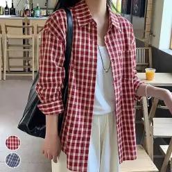 여성 루즈핏 데일리 셔츠 캐주얼 체크패턴 카라 남방 긴팔
