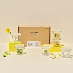 글라스락 베이비 눈금 이유식용기 큰용량 270ml 사면결착캡 6조 선물세트 노랑)