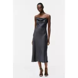 ZARA DRAPED 드레이프드 SATIN 새틴 MID 미드I 미디 DRESS 드레스 원피스 - Dark 다크 charcoal GREY 그레