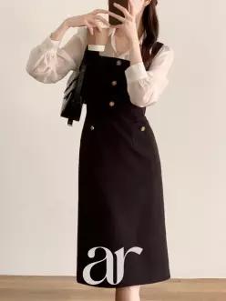 (국내제작)(MADE/미니롱/여름격식룩) 단추 배색 뷔스티에 2기장 나시원피스 하객룩 뷔스티에원피스 op16270