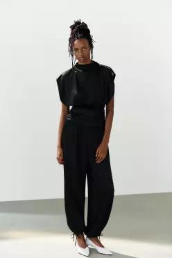 ZARA 새틴 파자마 벨트 롱 점프수트 - 블랙 7813/071/800