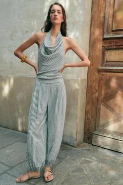 ZARA 린넨 스트라이프 벌룬 점프수트 - 브라운-블루 7907/659/049