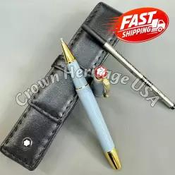 미국 BID MB 마이스터스탁 163 롤러볼펜 연한 파랑금색 트림 가죽 펜 케이스 398152516325