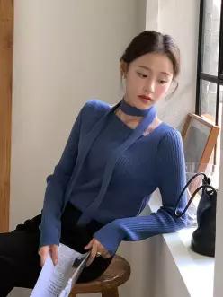 (브랜드디자인/타이탈부착) 폴린 타이 세트 언발넥 모헤어 골지 니트 nt5183