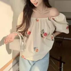 [하프클럽/]오프숄더 꽃무늬 블라우스 여성 쉬폰 오프숄더 셔츠 긴팔 상의