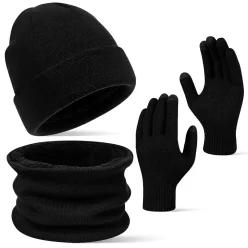CHGANG 3피스 겨울 비니 모자 스카프 장갑 세트, 남성 및 여성용, 보온 니트 터치스크린 장갑, 스키 하이킹