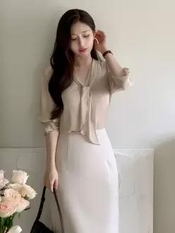 (국내제작)(격식룩/활용도최고/고급미) 엘니아 V넥 타이 7부 소매 가을블라우스 bs8402