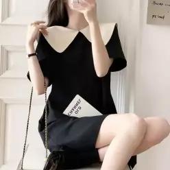 [라일리여성의류] Rly 배색 빅카라 미니 원피스 블랙 53290679)