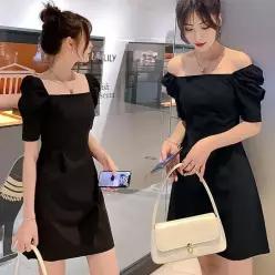 [라일리여성의류] Rly 검정 미니 원피스 카라원피스 반팔 벌룬 퍼프