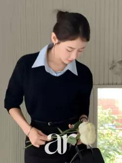 (임원미팅OK/10초출근룩) 니트린 배색 셔츠 카라 일체형 가을니트 nt5241