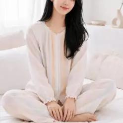[라일리여성언더웨어] Rly 레이스 칼라리스 무지개 컬러 여성 긴소매 잠옷 세트