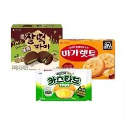 [롯데웰푸드]두쫀쿠 찰떡파이 피스타치오맛 x1+마가렛트 오리지널 352g x1+카스타드 오리지날 230g x1