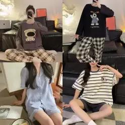 여성용 프리티 홈웨어 잠옷 원피스 상하의세트 데일리 사계절 파자마 긴팔 극세사 학생 성인