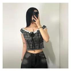 [하프클럽/]여성 체크 레이스 퍼프 크롭 블라우스 스모크 밴딩 상의