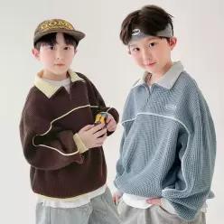 베리클로젯 크로플 반짚업 맨투맨 남아 아동 키즈 주니어 어린이 초등 아노락 루즈핏 배색 와플 긴팔 티셔