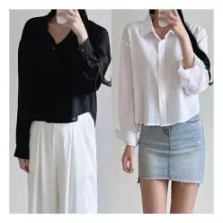 큐즈샵 여성 린넨 크롭 블라우스 셔츠 봄 여름 무지 데일리 데이트룩 빅사이즈 블랙 화이트 남방