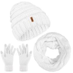 Aneco 겨울 따뜻한 니트 스카프 비니 모자 및 장갑 세트 남성 여성용 부드러운 스트레치 벙어리 세트, 화이