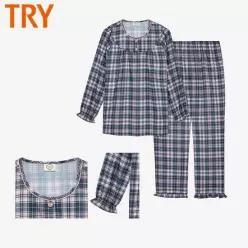 트라이 여자긴팔잠옷 순면잠옷 60수 주자직 나염 봄 가을 파자마 한벌 세트 프릴 체크
