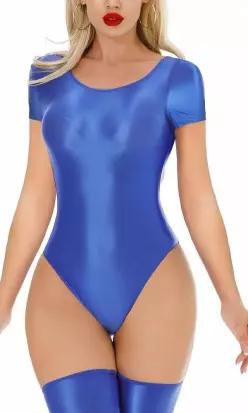 FEOYA 여성용 샤이니 반소매 바디수트 메탈릭 스트레치 레오타드 글로시 시어 바디수트, 블루., 라지