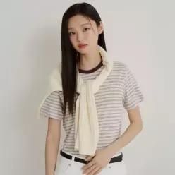 린넨 스트라이프 레귤러핏 반소매 티셔츠 옐로우 BF6442C11E _BF