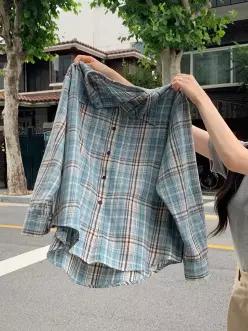 (국내제작)(MADE/흔하지않은컬러/빈티지체크) 모드릿 블루 체크 루즈핏 긴팔 셔츠 가을남방 bs8340