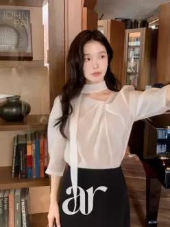 (국내제작) 7부 퍼프 소매 언발 꼬임 타이세트 블라우스 하객룩 오피스룩 bs8885
