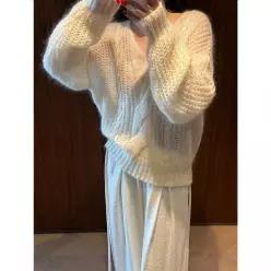 올요아 여성 화이트 니트 조기 가을 풀오버 부드러운 상의 트렌드