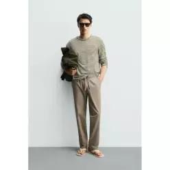 ZARA COTTON 온 코튼/LINEN 린넨 RELAXED 릴렉스드 FIT 핏 TROUSERS 트라우저스 바지 팬츠 - GREEN 그린 44